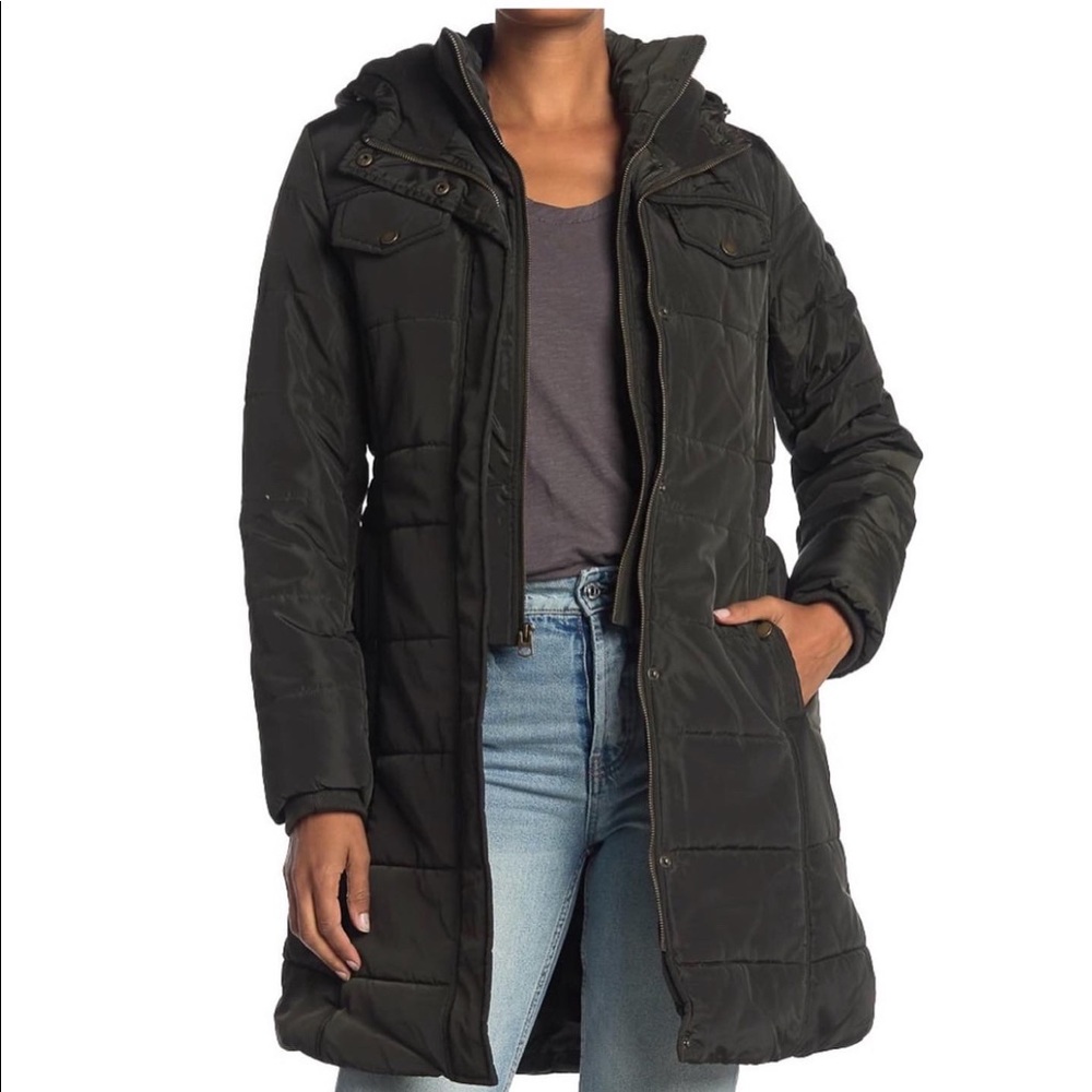 LUCKY BRAND MISSY LONG HOODED PUFFER JACKET ARMY GREEN - WARM!!